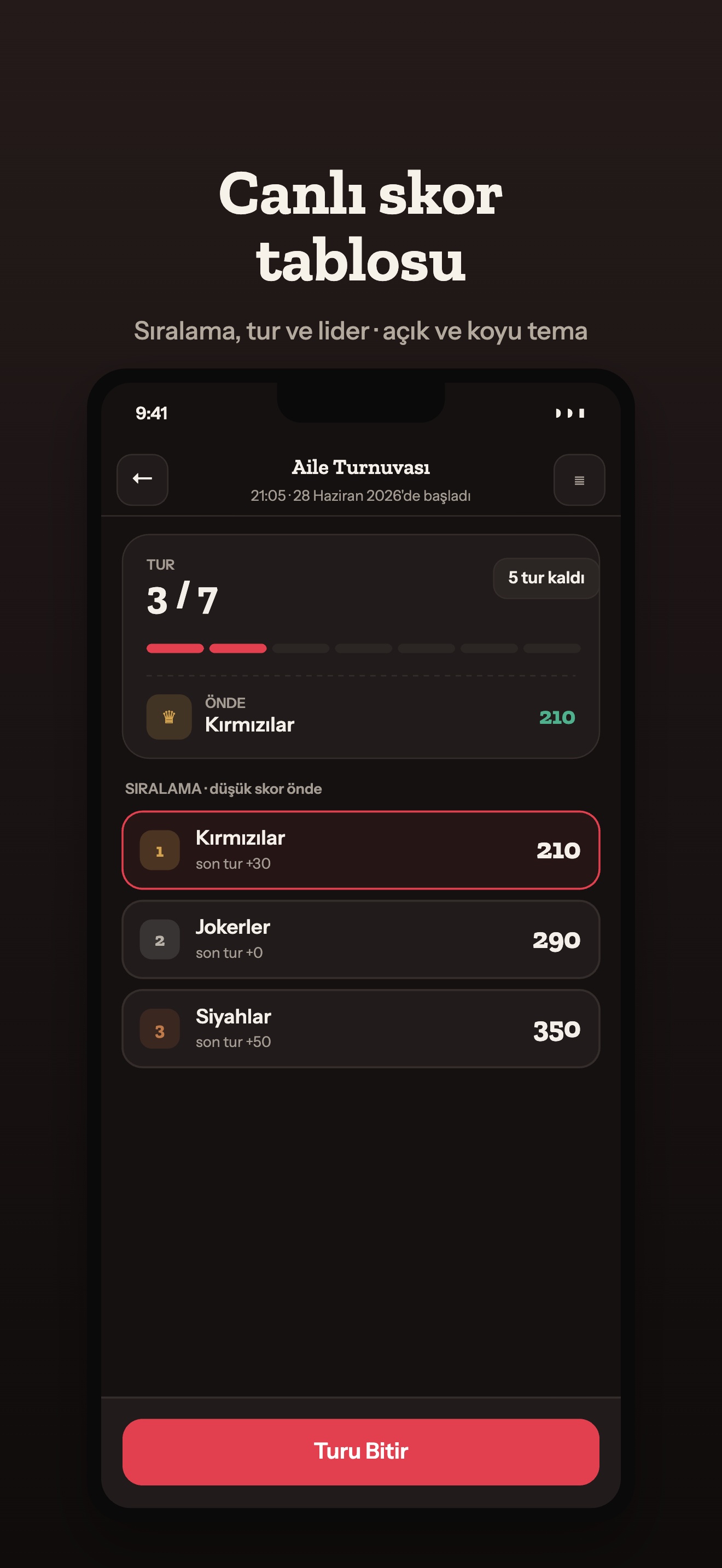 Live scoreboard in dark theme
